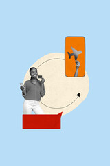 Fototapeta premium Creative banner collage of young girl speaking gadget use banking booking plane on blue color background