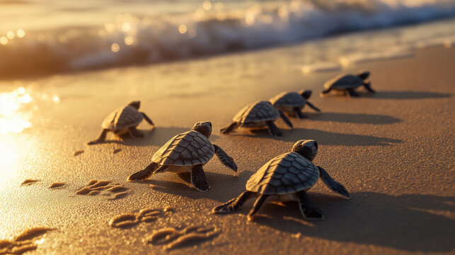 Group of baby sea turtles crawling toward the ocean across a sandy beach at sunrise. A touching moment of wildlife instinct and survival. Symbol of new beginnings. - Powered by Adobe