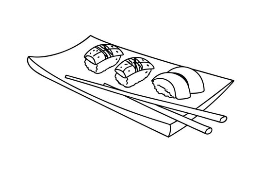 Delicious japanese sushi nigiri served on wooden plate with chopsticks simple line art
