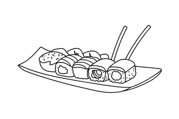 Simple black and white illustration of a variety of japanese sushi rolls on a plate © pankajkumar
