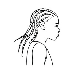 Elegant black and white illustration of a young woman with braided hairstyle in profile