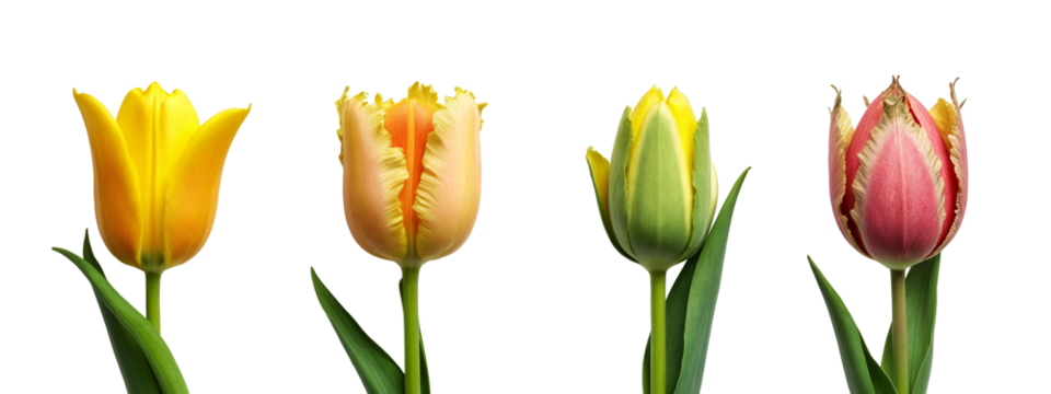 A close up of three different colored tulips