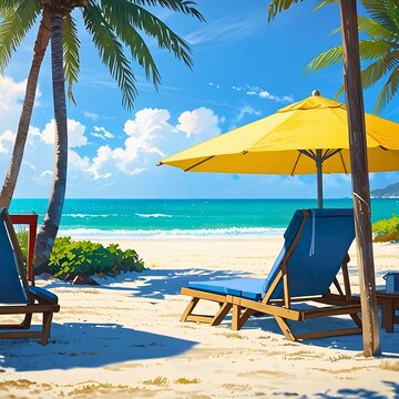 Sunny tropical beach with lounge chairs, yellow umbrella, palm trees, and turquoise sea under blue sky