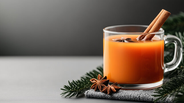 A comforting image of hot apple cider with a cinnamon stick and star anise, served in a clear mug