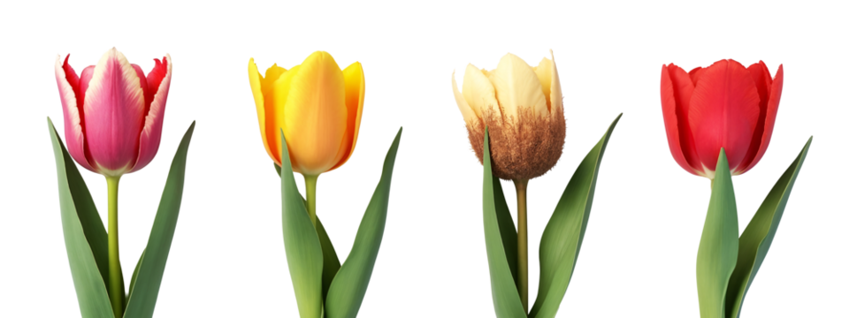 A row of four tulips with green leaves