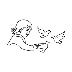 Child releasing pigeons illustration depicting peace freedom and hope with minimalist black and white design