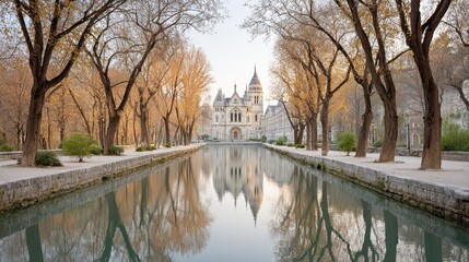 Obraz premium A picturesque canal reflects a cathedral in a serene urban park setting.