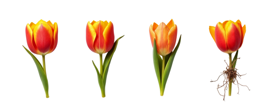 A set of four different views of a tulip.