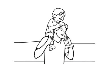 A smiling father carries his son on his shoulders joyfully celebrating together in black and white