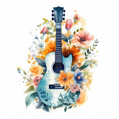 Watercolor Guitar Among The Love Of Flowers, clipart Illustration, Generative Ai