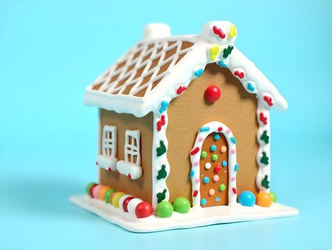 Gingerbread christmas house with colorful candy isolated on light blue background. copy space