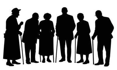 Silhouette of elderly people with walking sticks
