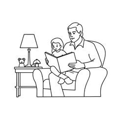 Father and daughter reading a book together in a cozy armchair illustration