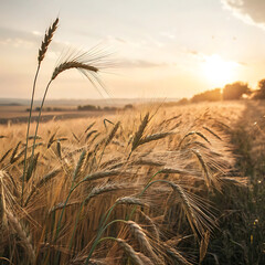 Golden hour sunlight over a wheat field landscape capturing agriculture and natural beauty