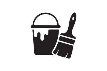 Plastic bucket and paint brush icon  silhouette on white background.
