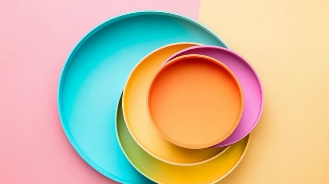 Colorful stacked plates in vibrant pastel colors on a split background, perfect for dining or decor