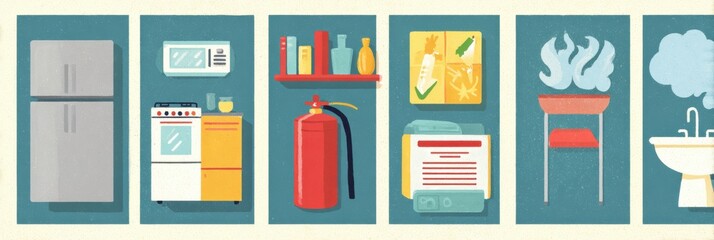 Home Safety Checklist for Kitchen and Bathroom With Smoke Detector Icons for a Secure Living Environment