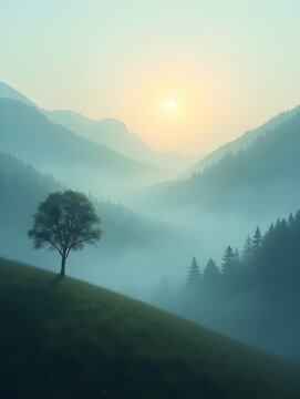 Misty Valley at Dawn with Solitary Tree - Serene Nature Scene for Tranquil Designs