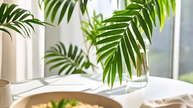 Nourishing breakfast bowl with greenery beside sunny window, set in a bright home kitchen, featuring a calming and healthy lifestyle