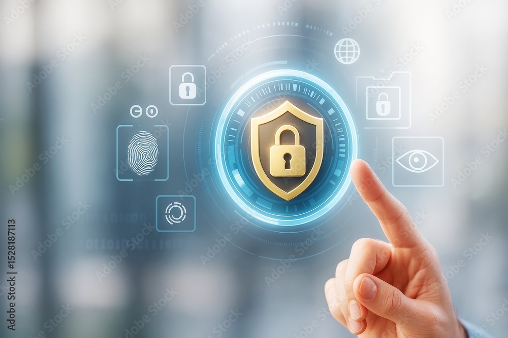 Poster Cybersecurity access interface with digital lock icon and fingerprint authentication on futuristic technology background with glowing light effects.