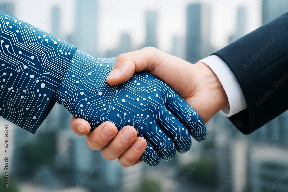 Poster Human and robotic hands shaking symbolizing tech partnership and innovation in business on blurred city background with light tones. Ai generative.