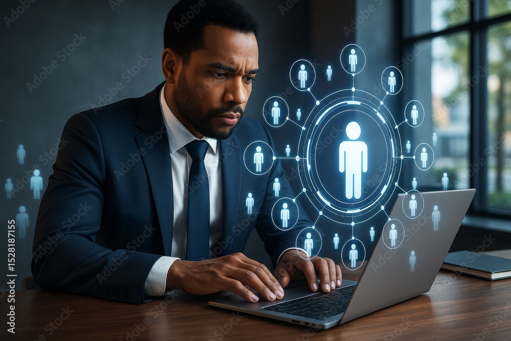 Poster businessman using laptop with glowing digital network of people icons symbolizing hr tech in modern 