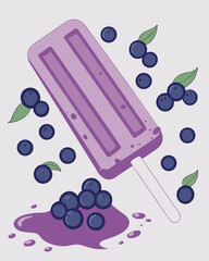 Blueberry ice cream on a stick with fresh berries. Vector illustration.