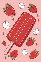 Strawberry ice cream with strawberry and ice cubes. Vector illustration.
