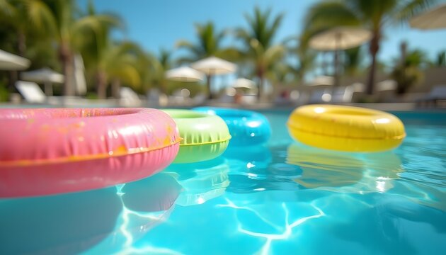 summer scene where colorful floaties bob gently on the crystal-clear surface of a sun-drenched pool.