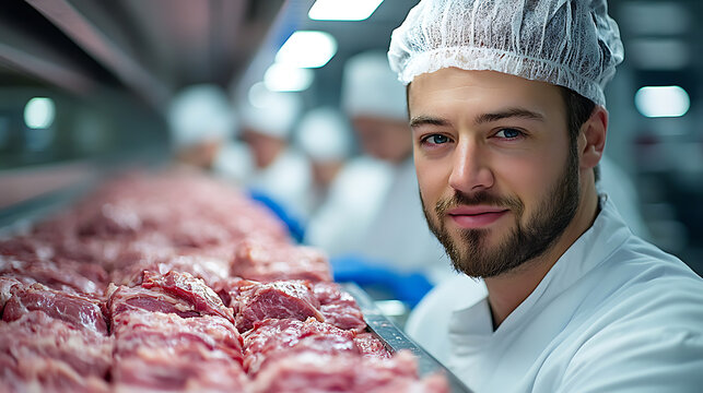 Confident Butcher Inspecting Fresh Meat in a Modern Facility