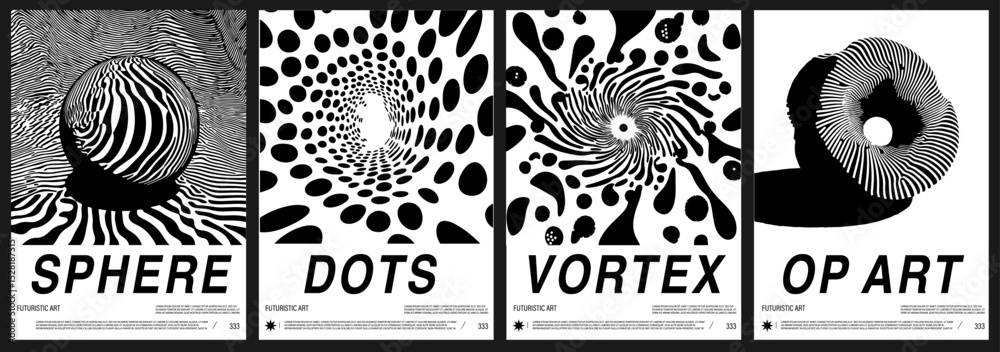 Aufkleber set of vector posters in black and white op art style. each features abstract modernism with optical