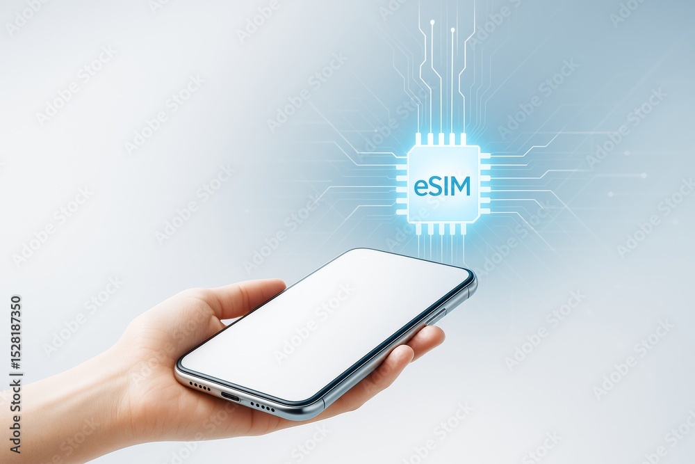 Poster smartphone in hand with glowing esim chip icon and circuit lines on light futuristic background illu
