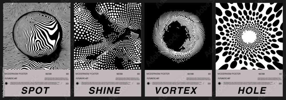Poster set of vector posters in black and white op art style. each features abstract modernism with optical