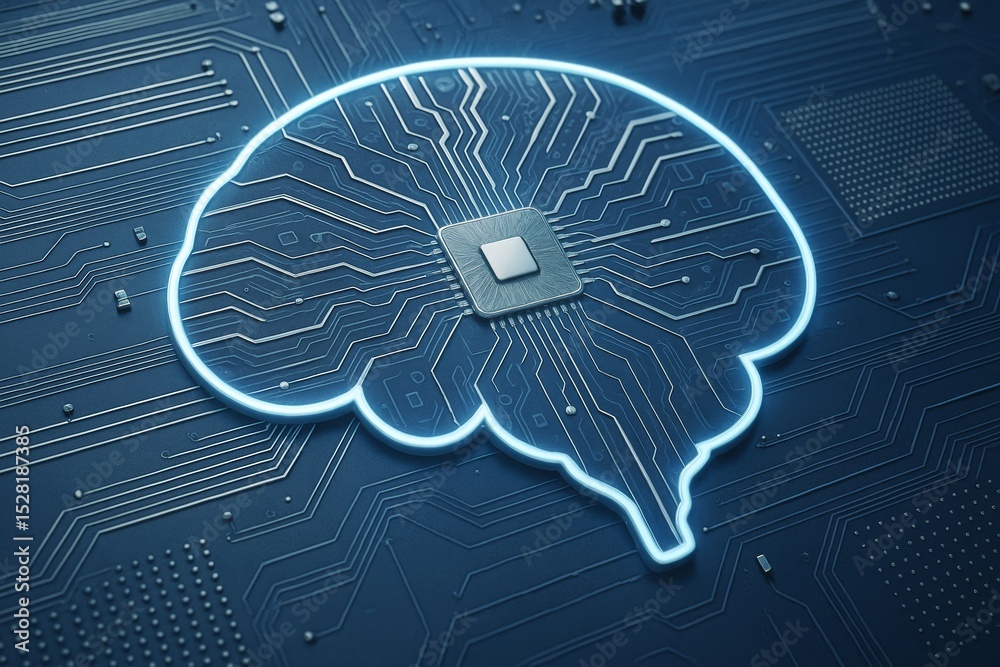 Aufkleber Glowing brain-shaped circuit with microchip on dark blue electronic board background symbolizing artificial intelligence and digital technology concept.