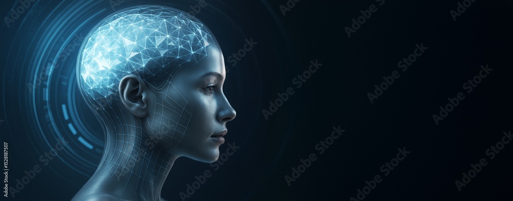 Poster futuristic concept of artificial intelligence with human-like female figure and glowing neural netwo
