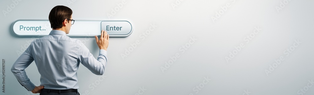 Poster Businessman pressing futuristic prompt enter button with copy space on clean light background for technology concept and digital interface design template.