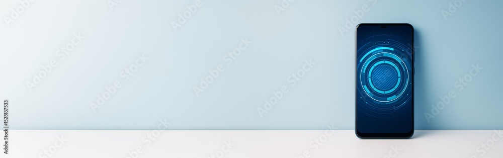 Poster smartphone with futuristic digital interface on screen placed on white table with blue background fo