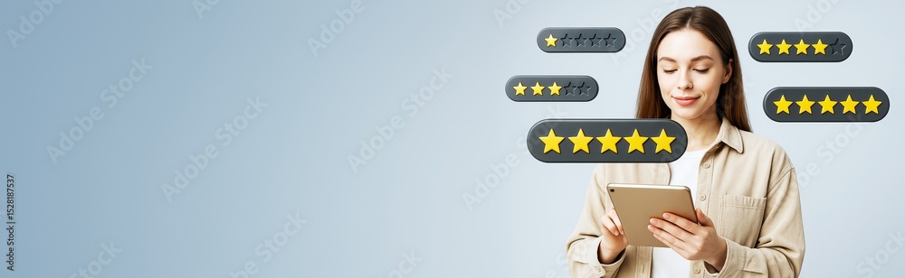 Poster woman using tablet with floating star ratings on light blue background representing feedback technol