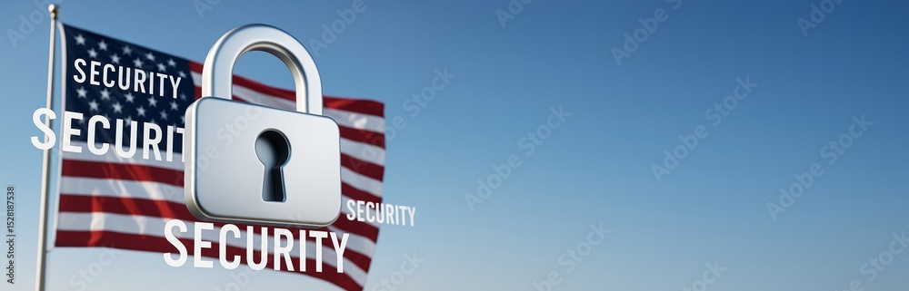 Poster cybersecurity concept with metallic padlock overlay and american flag in background under clear blue