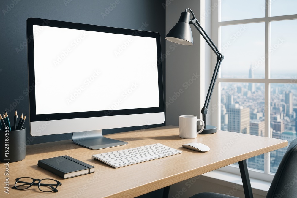 Poster modern workspace with blank computer screen on wooden desk near window and city background, perfect 