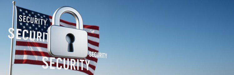 Cybersecurity concept with metallic padlock overlay and American flag in background under clear blue sky emphasizing national data protection theme.