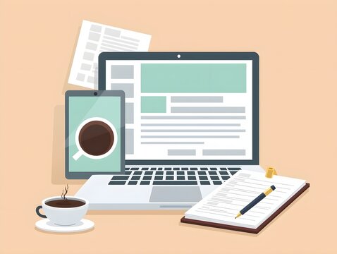 Laptop showing breaking news with coffee cup smartphone notepad and pen flat design illustration