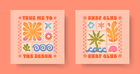 Summer illustrations with sea ocean waves,coral,palm,seashell.Groovy boho beach,surf club retro aesthetic.Summer vacation backgrounds in simple funny style.Graphic prints for banners,covers,branding