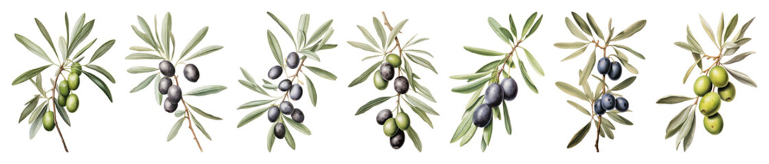 PNG Olive branches with ripe fruits, element set on transparent background