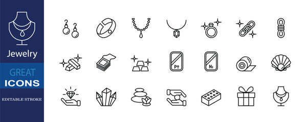 This Jewelry-themed icon set features 21 editable stroke vector icons representing various elements of jewelry such as necklaces, rings, earrings, gemstones, metal bars, pearls, gifts.