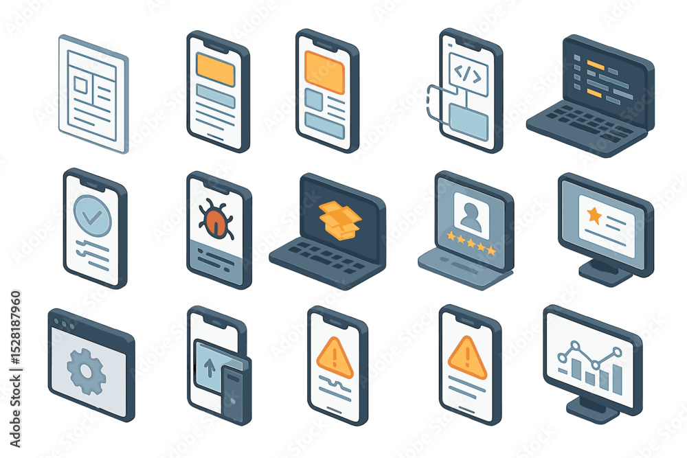Poster isometric computer and smartphone icons for web and software development