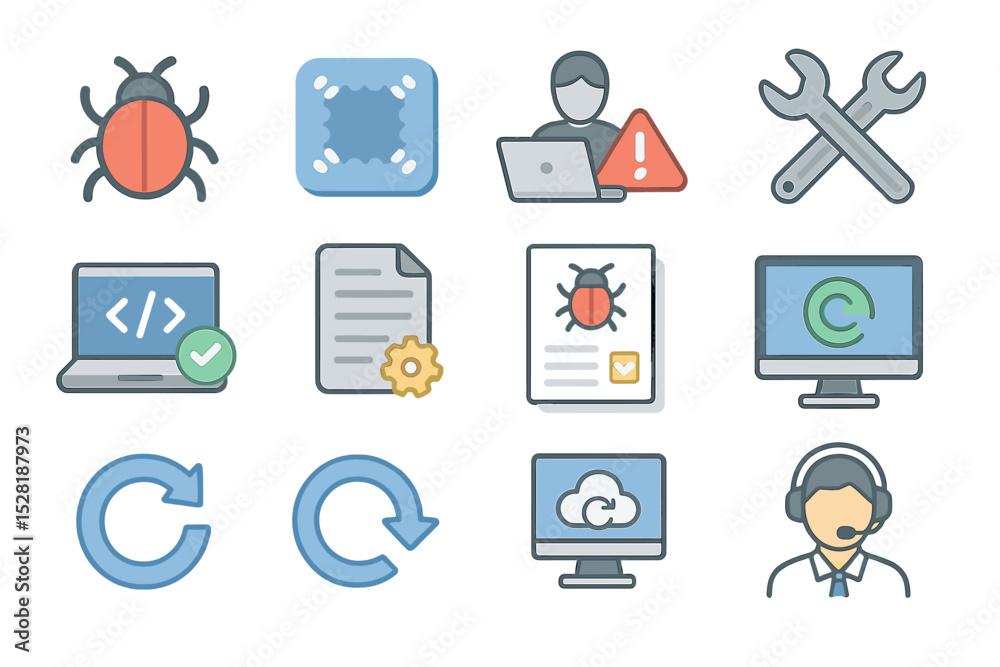 Poster software debugging and maintenance icons with tools and support elements
