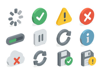 3d isometric notification icons: alert, information, processing, cloud, save