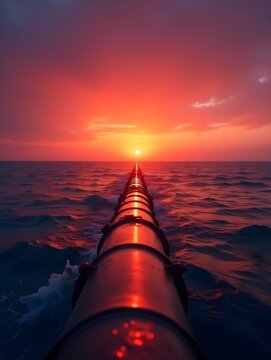 Ocean sunset with pipeline view. A vibrant sunset paints the sky in orange and purple hues as a pipeline stretches over calm ocean waters.