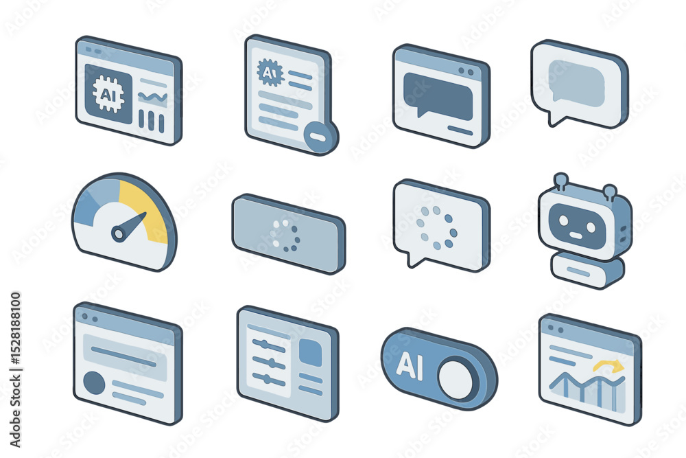 Poster isometric icons set representing ai technology and user interface elements